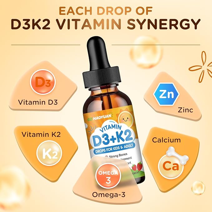 Gouttes de Vitamine D3 K2 pour Enfants, Supplément Liquide de Vitamine D3 avec Calcium, Oméga 3, Zinc pour l'Absorption du Calcium, Santé des Os, Développement Cérébral et Système Immunitaire, Sans OGM, Végan, Saveur Fraise 120 ml