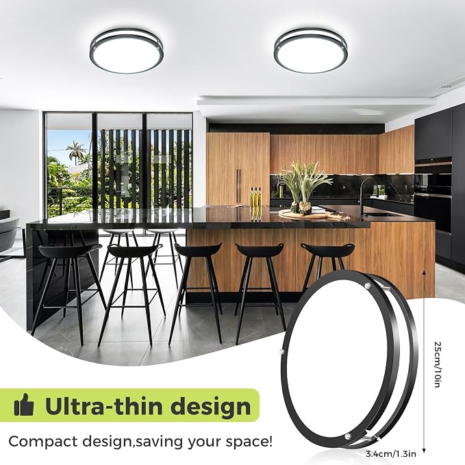 hepside 2 Pack Flush Mount Ceiling Light Fixture, Dimmable & 5Color Temperatures Ceiling Light Black, 10inch 15W 3000K 3500K 4000K 5000K 6500K Adjustable Ceiling Lamps for Bathroom Bedroom Hallway