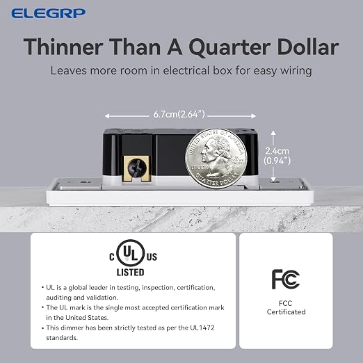 ELEGRP Digital Dimmer Light Switch for 300W Dimmable LED/CFL Lights and 600W Incandescent/Halogen, Single Pole/3-Way LED Slide Dimmer Light Switch, Wall Plate Included, UL Listed, 1 Pack, Matte White