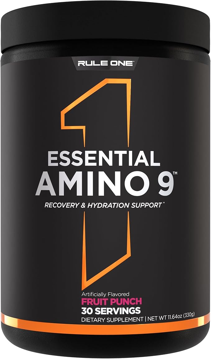 Rule 1 Proteins Essential Amino 9 – Recovery & Hydration Support with 7.5g of Essential Amino Acids + Electrolytes (30 Servings, Fruit Punch)