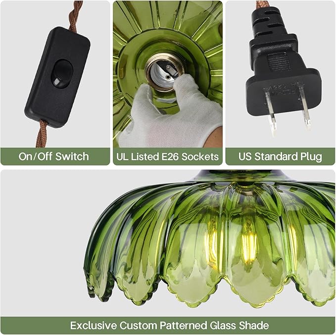 Vintage Green Flower Glass Pendant Light, Hanging Ceiling Lamp Fixture for Kitchen Island, Bedroom, Dining Room, Living Room, Plug in Lighting