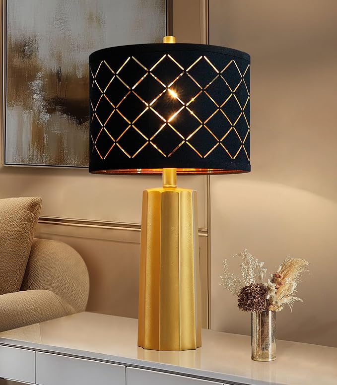 24" Modern Table Lamp for Living Room Bedroom, Gold Nightstand Resin Lamp with Black Grid Shade