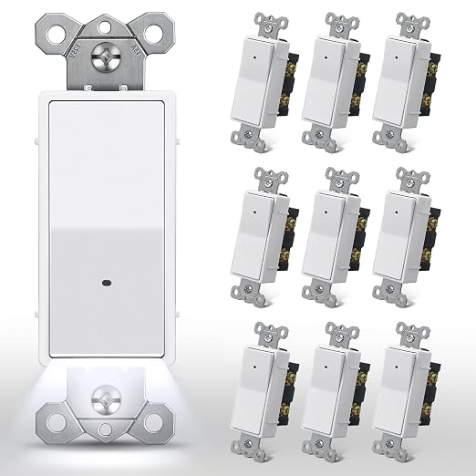 CML 10 Pack Single Pole Illuminated Light Switch with Cool White LED Nightlight, Decorator Paddle Rocker Wall Lighted Switch, Automatic On/Off Sensor, 15A 120V, ETL Listed, White