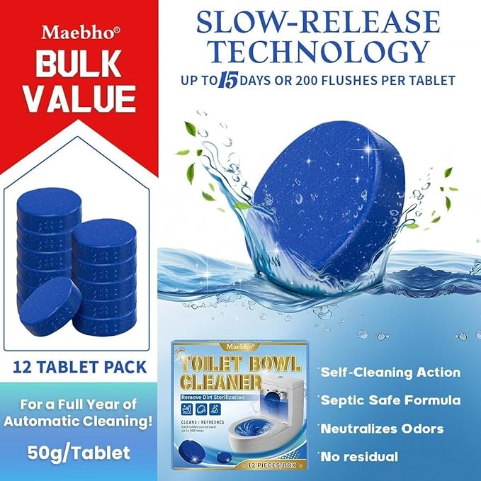 自動トイレボウルクリーナータブレット、12個パック ブルーゲルインタンククリーナー、硬水リングと汚れを除去、浄化槽対応、洗浄・消臭、フレッシュセント、各50g