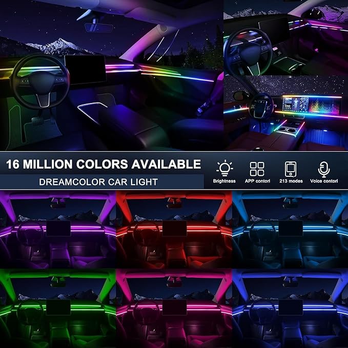 Dreamcolor Acrylic Interior Car LED Strip Light with APP Remote Control, RGB 8 in 1 with 235 inches 800 LEDs Fiber Optic Strip Lights for Car, Dynamic Chasing Music Sync Neon Car Ambient Lighting Kits