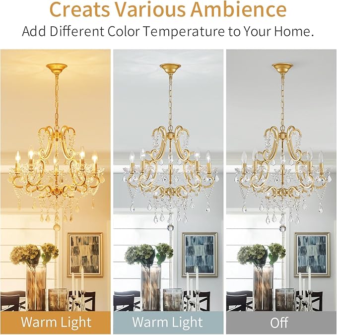 Crystal Chandelier, 5-Light Gold Chandelier for Dining Room Light Fixture, K9 Crystal Pendant Ceiling Light Fixture, Modern Candle Chandelier for Living Room Kitchen Island Entryway Bedroom