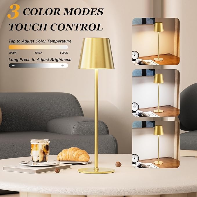 Kakanuo 20" Cordless Table Lamp Rechargeable Gold - 2 Pack 5000mAH Battery Operated Lamp for Counter, 3 Color Stepless Dimming Wireless Lamp for Dining Kitchen, Outdoor Patio, Touch Control
