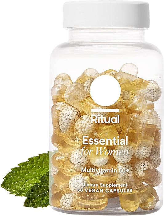 Ritual Multivitamine pour femmes de 50 ans et plus, Compléments pour la ménopause avec Vitamine D3, K2 et Magnésium pour le soutien osseux*, Oméga-3 DHA, Vitamine B12, Sans OGM, Arôme de menthe, 30 jours d'approvisionnement, 60 capsules végétaliennes