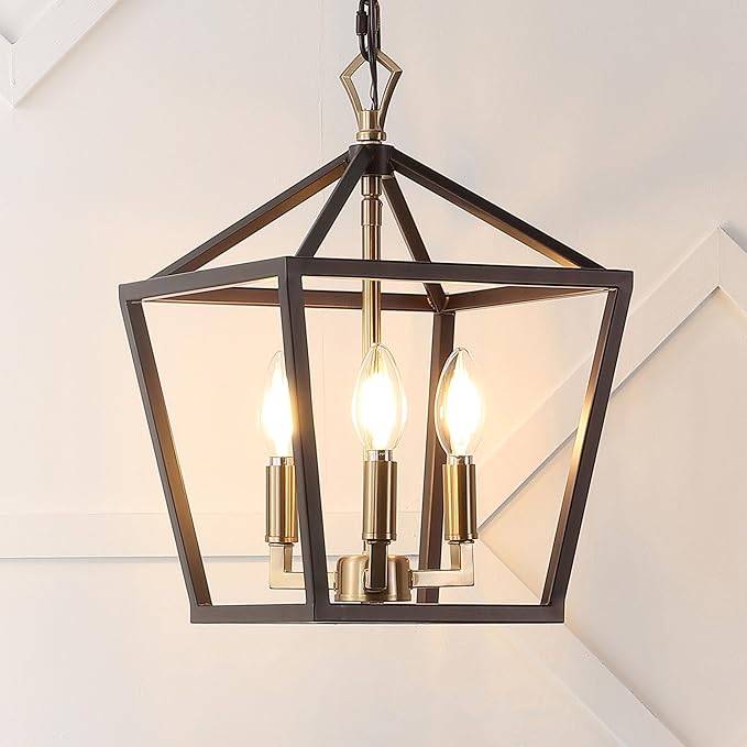 JONATHAN Y 10" Oil Rubbed Bronze/Brass Gold 3-Light Pagoda LED Pendant Lantern, Classic Modern Farmhouse Chandelier for Kitchen Island, Dining Room, Entry, Foyer, Rustic Iron Frame (JYL7601D)