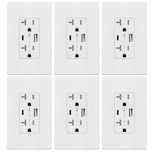 TOPGREENER USB Outlet, Type C & Type A USB Wall Outlet, 20 Amp Tamper-Resistant Receptacle, Charging Power Outlet with USB Ports, Wall Plate Included, UL Listed, TU22036AC-W-6PCS, White, 6 Pack