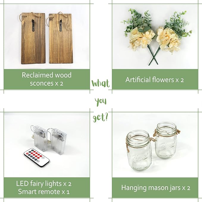 Farmhouse Wall Decor for Living Room Rustic Mason Jar Wall Sconces Set of 2 for Home Living Room Bedroom Decorations with Rose Bouquet Flowers and Remote LED Fairy Lights (Large Jacobean)