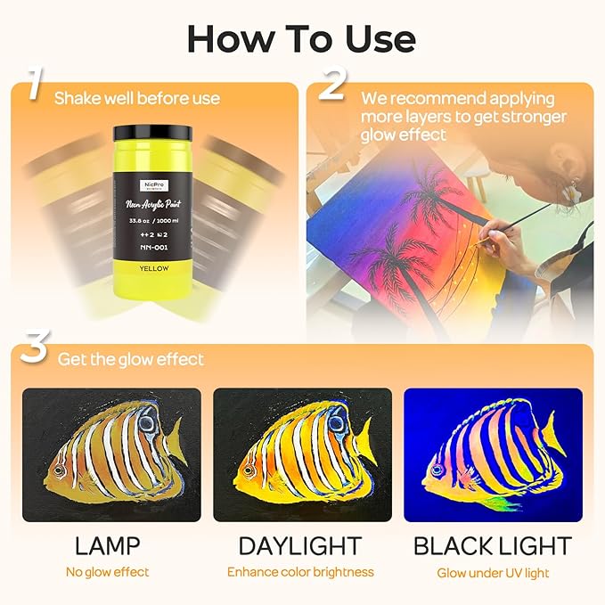 Nicpro 6 Colors Large Fluorescent Acrylic Paint Set (33.8 oz), Glow in the Black Light, Non-Toxic & Vibrant Neon Paint for Neon Party Decoration, DIY Project on Multi-Surface, Canvas, Rock, Wood Craft