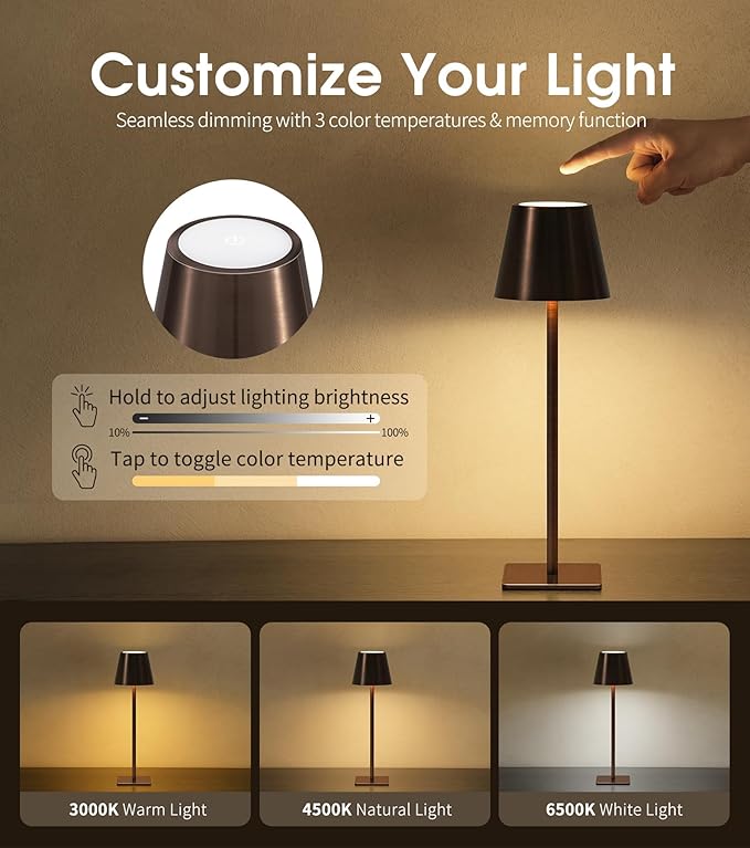 UME 3 Pack Cordless Table Lamp, Battery Operated Lamp - Portable Waterproof Rechargeable Table Lamp 3 Color Temps & Stepless Dimming for Dinner, Desk, Cafe, Outdoor (Brushed Bronze | Coffee Tonal)