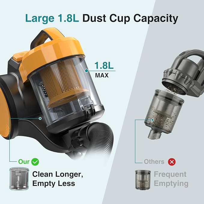 OLIXIS Canister Vacuum Cleaner for Home, Lightweight Portable Vacuum Cleaners with Automatic Retractable Cord, Bagless Canister with Washable HEPA Filter for Hardwood Floor & Carpet, Yellow