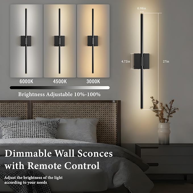 SAIMAND Wall Sconces Set of 2 Battery Operated, Wireless USB 8000mAh Rechargeable Wall Lights with Remote Control,3000K-6000K LED Dimmable Decor Lamp for Living Room,Bedroom,Hallway (27in Black)