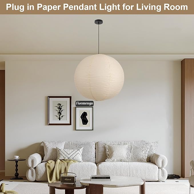 Large Paper Pendant Light with Cord and Canopy, 23.6in Off-White Rice Paper Hanging Lamp, Japanese Japandi Wabi Sabi Lantern Lamp Chandelier for Living Dining Room Bedroom Kitchen 1 Pack