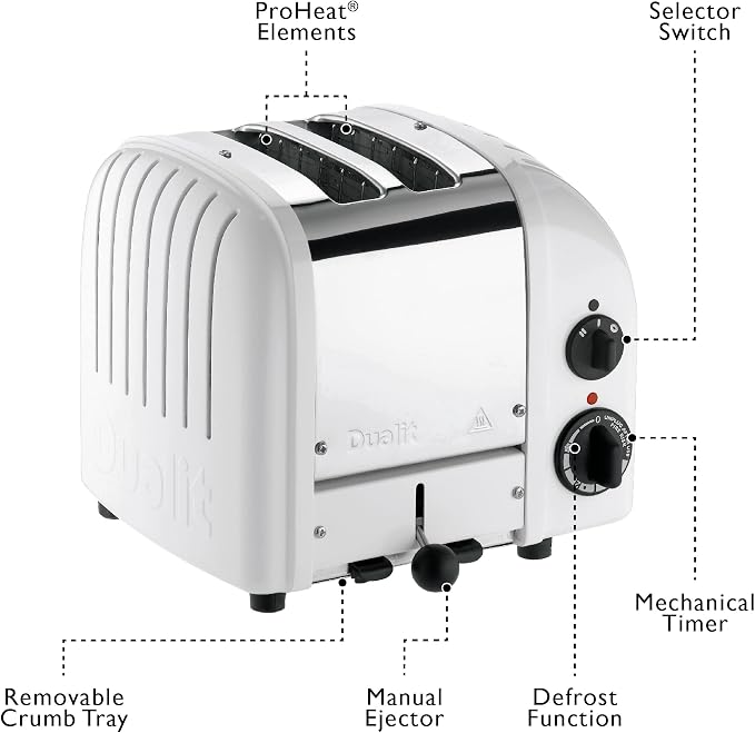 Dualit Classic 2 Slice NewGen Stainless Steel Toaster, White - Hand Built in the UK, Replaceable ProHeat® Elements – Slot Selector, Defrost Bread, Mechanical Timer-For Toast, Bagels & More