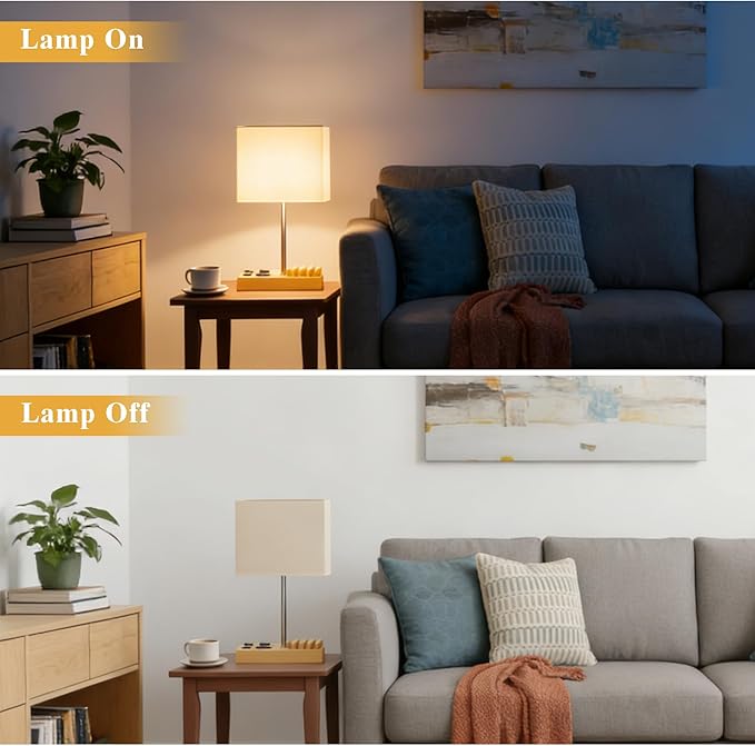 Briever USB Table Lamp, Multi-Functional Desk Lamp with 2 AC Outlets, Bedside Lamp with 3 USB Charging Ports and Wooden Phone Stands, Nightstand Lamp for Bedroom, Livingroom, Office, Natural Wood