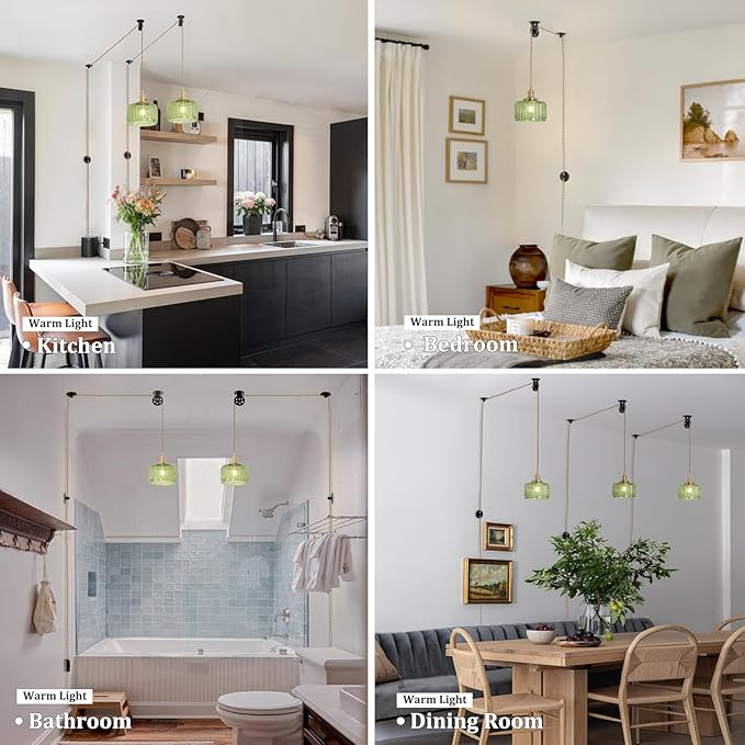 Shenmoyl Plug in Pendant Light Hanging Light Fixture Corded On/Off Switch Brass Pendant Light with Green Striped Glass Lampshade for Bedroom Living Room Kitchen Island