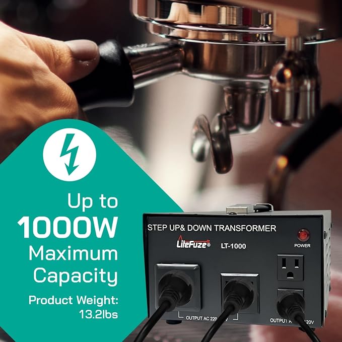 LiteFuze LT Series 1000 Watt Voltage Converter Transformer Step Up/Down - 110v to 220v / 220v to 110v Power Converter - Fully Grounded Cord - Universal Socket, CE Certified