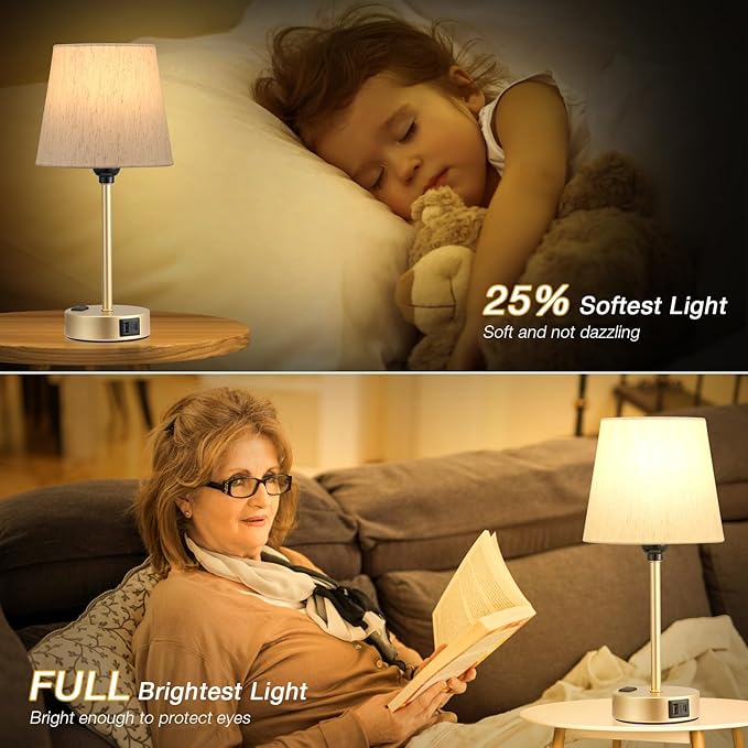 Lamp for bedrooms Set of 2 - Nightstand Bedroom Lamp with USB C Port and AC Outlet Charging, 3 Way Dimmable Touch Control Bed Side Table Lamp, Small Night Stand Light for Kids/Guest Room