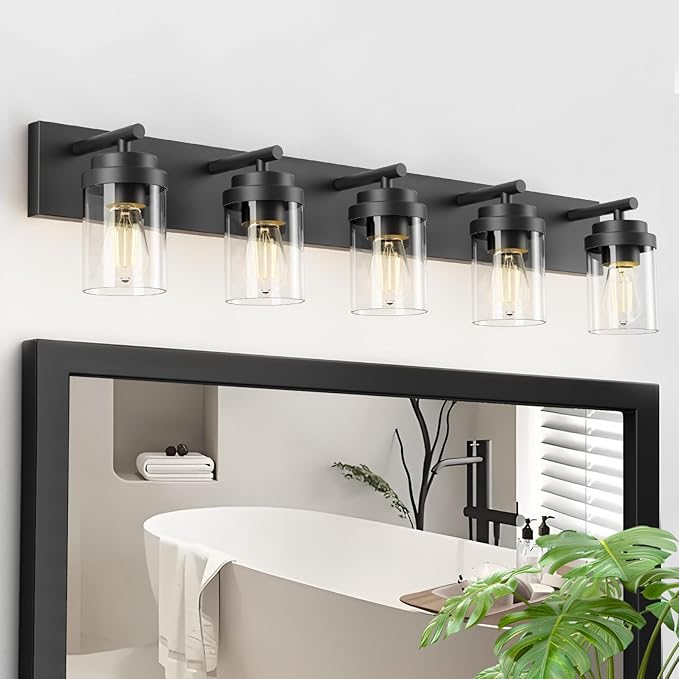 IZORRO Bathroom Vanity Light Fixture, 5-Light 36 Inch Matte Black Bathroom Light Fixtures Over Mirror, with Clear Glass Shade, Modern Farmhouse Vanity Lights, Rustic Restroom Lighting Fixtures