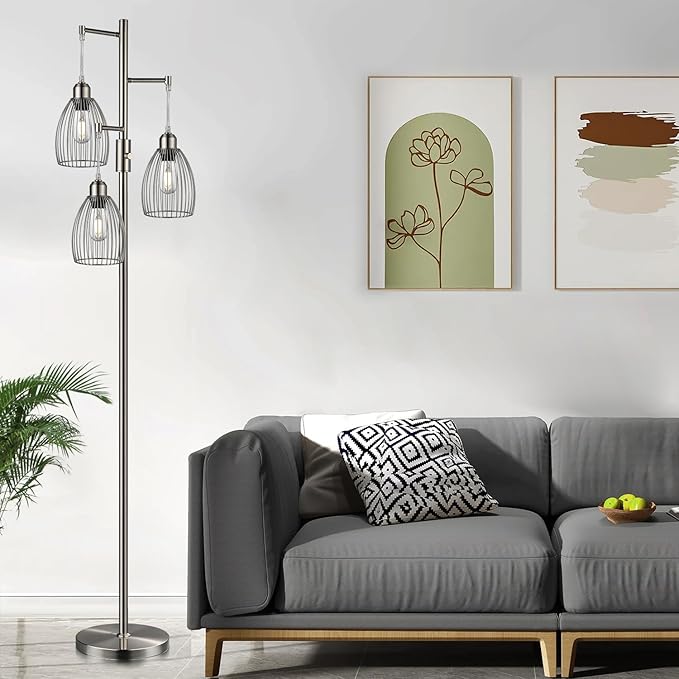 Nintiue Dimmable Floor Lamp, 3 x 800LM LED Edison Bulbs Included, Industrial Floor Lamp Standing Tree Lamp with Elegant Teardrop Cage Heads Tall Lamps for Living Room Bedroom-Brushed Nickel