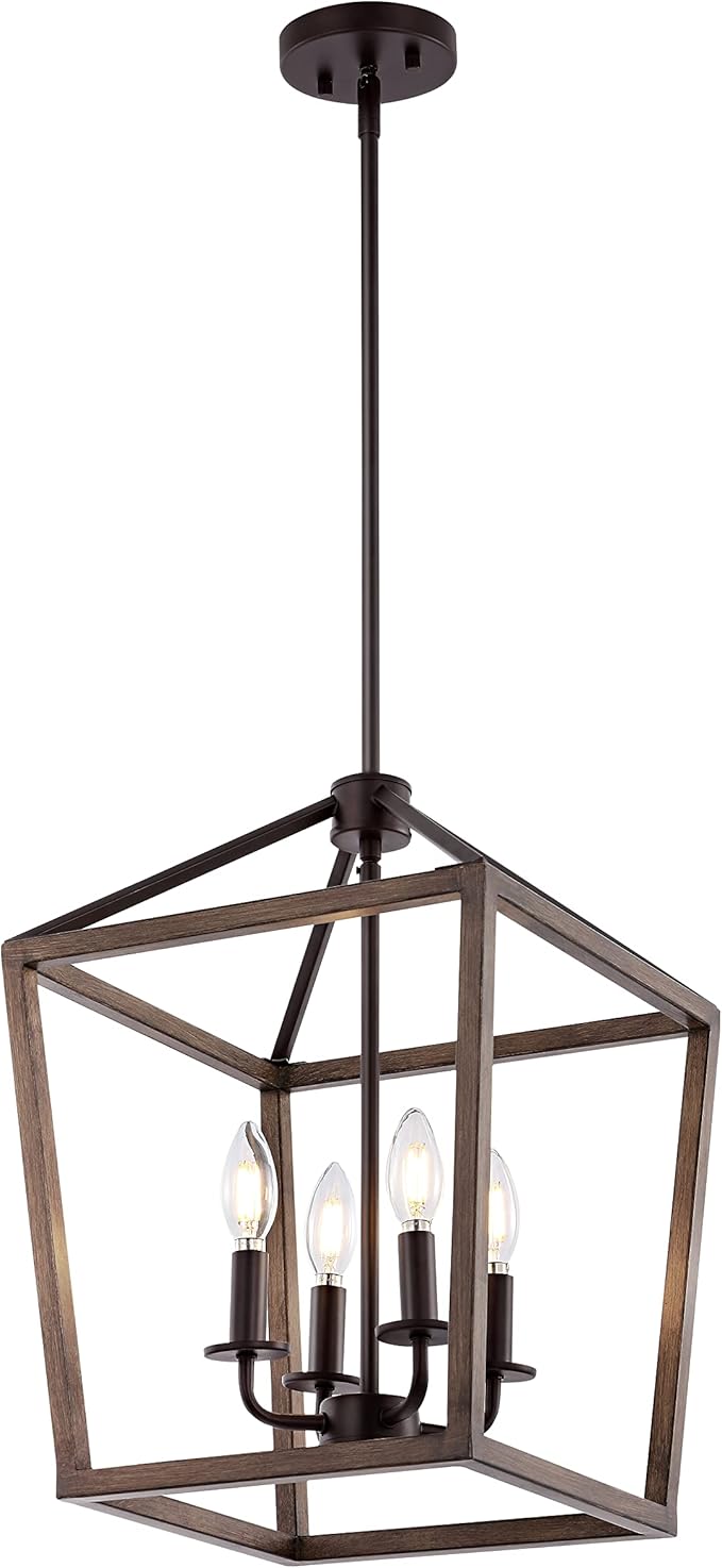 JONATHAN Y 13" Oil Rubbed Bronze/Faux Wood 4-Light Farmhouse Lantern Pendant Light, LED Cage Chandelier for Kitchen Island, Foyer, Entry, Metal Wood Finish Shade, Bulbs Included (JYL1322A)
