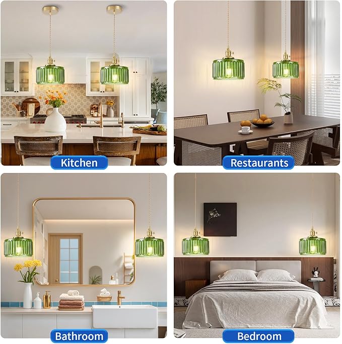 WimiSom 2 Pack Industrial Pendant Lighting, Modern Green Glass Shade Farmhouse Adjustable Hanging Light Fixtures for Kitchen Island Living Room Bedroom Hallway, Green