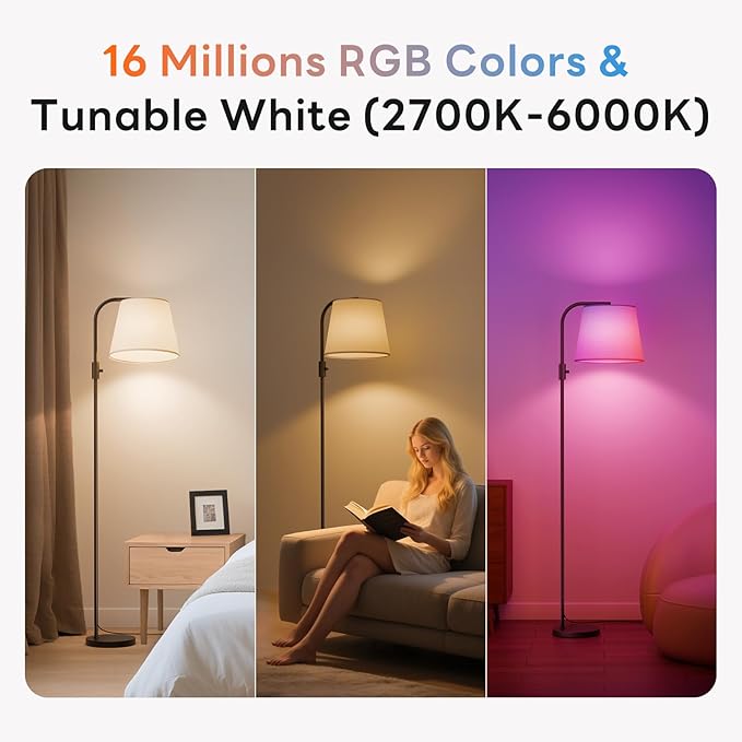 Arc Floor Lamp for Living Room with Smart RGBCW Color Changing Bulbs Dimmable, Stand lamp Compatible with Alexa, Siri, Google Voice & App Control, Tall Lamp for Living Room, Bedroom, Black
