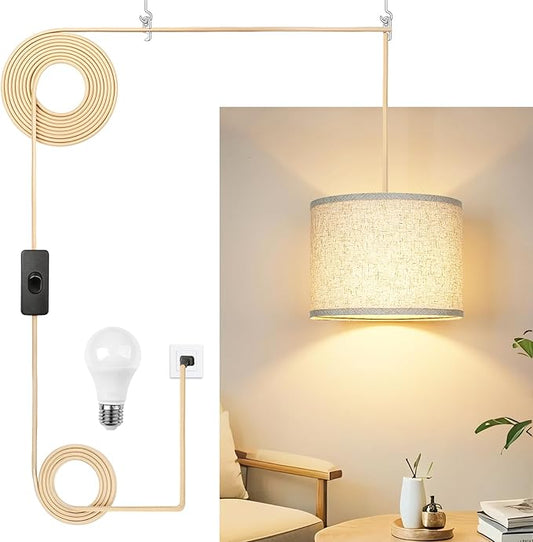 Qingmiao Boho Plug in Pendant Light, Hanging Lamp Plug in with LED Bulb, 3-Way Dimmable Hanging Light Fixture for Living Room Bedroom Kitchen Ceiling Farmhouse Home Decor