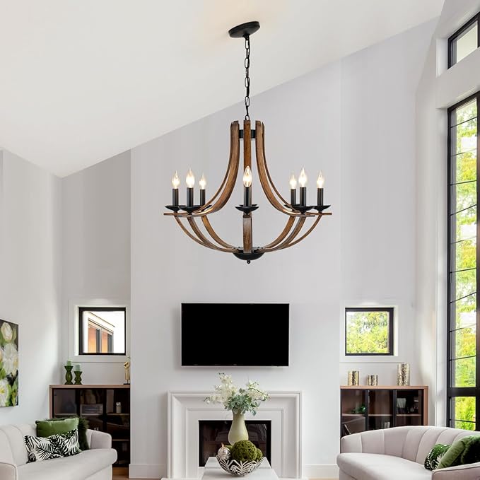 LAMPKEDUO Rustic Farmhouse Dining Room Chandelier Light Fixture, 8-Light 28" Adjustable Chandelier for Kitchen Island, Living Room, Foyer, Staircase, Restaurant, Showroom, Villa, Faux Walnut