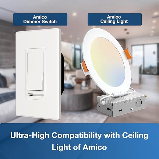 Amico 2 Pack Dimmer Light Switch, Single-Pole or 3-Way Slide Dimmer Switches for Led Lights, Suitable for 150W Dimmable LED/CFL and 600W Incandescent/Halogen, Wall Plate Included, ETL Listed, White