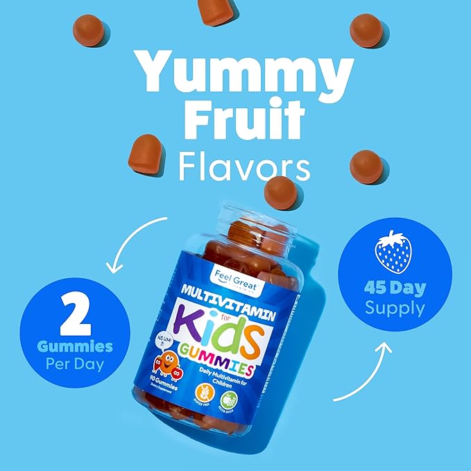 Gummies multivitamines Feel Great Kids | Vitamines saveur agrumes et fraise pour enfants | Gummies multivitamines avec vitamine D pour le soutien des os, des muscles et du système immunitaire | Vitamines à croquer | Pour 45 jours