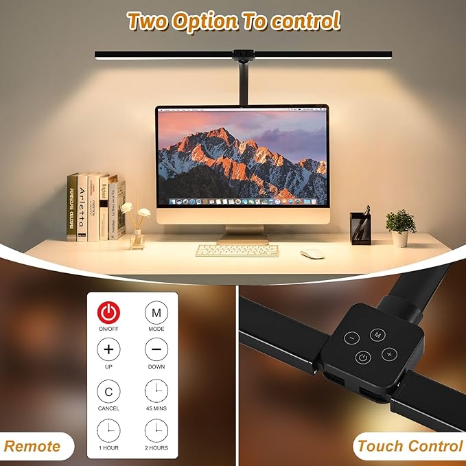 LED Desk Lamp for Office Dorm Home - Eye Caring Desk Light with Timer, Remote Control 24W Brightest Dual Screen Computer Monitor Gooseneck Dimmable Table lamp with Anti-Glare Cover Clamp & Base
