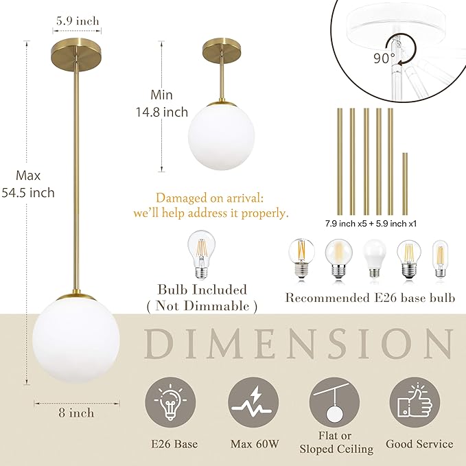 Bagood 8" Globe Pendant Light Gold Mid Century Modern Light Fixture Globe Pendant Lights Kitchen Island Milk Glass Pendant Light Brushed Brass Finished with Milk Glass Lampshade for Dining Room
