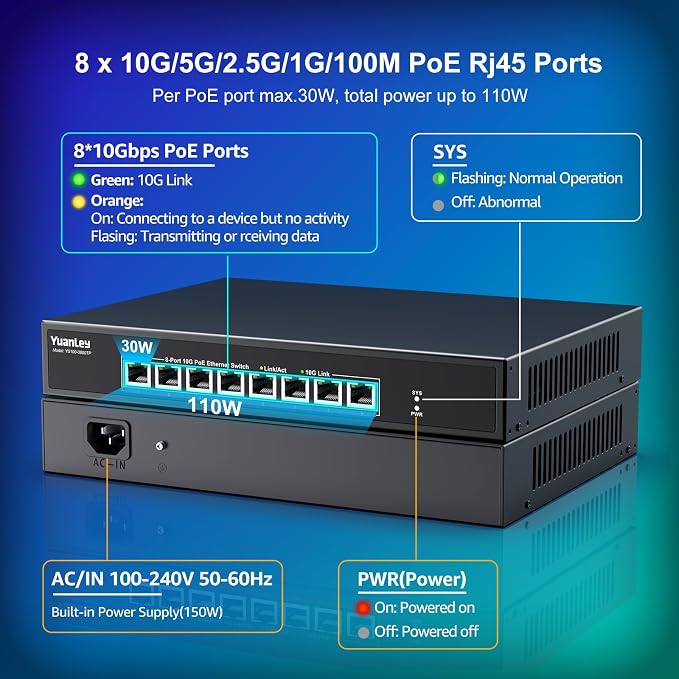 YuanLey 8 Port 10G PoE Switch Unmanaged, 8 x 10G Base-T PoE Ports, IEEE802.3af/at, 110W Built-in Power, Compatible with 1G/2.5G/5G/10G, Metal Case, Rackmount/Wall Mount 10Gbe Network Switch