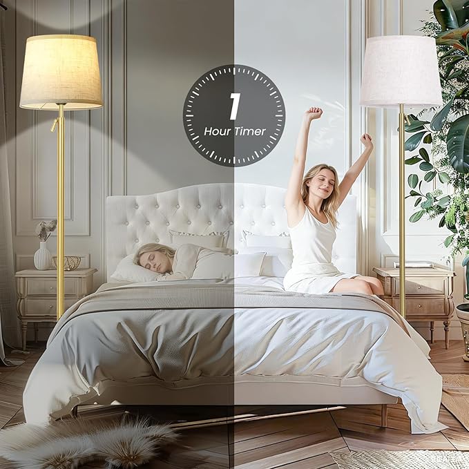 Modern Floor Lamp for Living Room and Bedroom- 55"-67" Height Adjustable Standing Lamps with Dimmable LED Bulb and Remote Control-Bright Tall Stand Light with Shade for Corner Lighting （Gold）