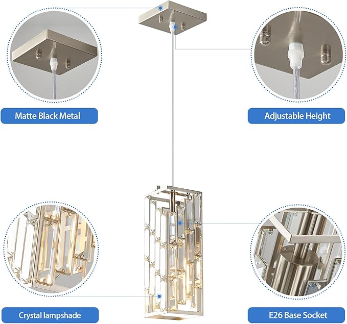 Brushed Nickel Pendant Lighting Modern Pendant Light, Mini Crystal Chandeliers, Adjustable Pendant Light Fixture for Kitchen Island Dinning Room Bedroom (2 Pack)