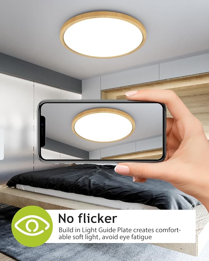 hepside 1PACK Flush Mount LED Ceiling Light Fixture Wooden, 12Inch 28Watt, Dimmable & 3000K-4500K-6000K Ceiling Lamp 3200LM Low Profile Ceiling Light for Kitchen Bedroom Hallway Porch