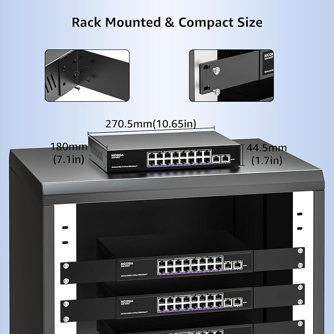 10Gbe Ethernet Switch Unmanaged with 2 x 10Gb RJ45 Ports + 16 x 2.5Gb Base-T Ports, Desktop/19-inch Rack Mount, NICGIGA 18 Port 10Gbps Network Switch for Wireless AP, NAS, PC