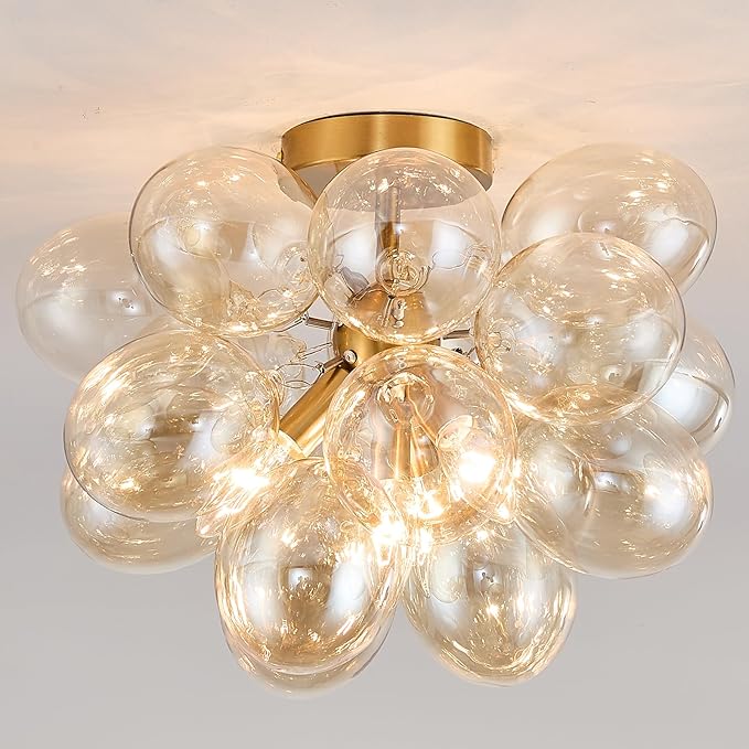Surpars House Cognac Bubble Ball Chandelier, Flush Mount Glass Ceiling Light, Modern 4 Lights Ceiling Lighting Fixture for Bedroom,Livinng Room,Dining Room