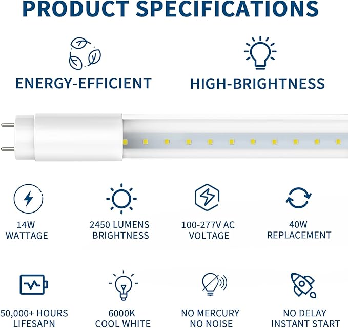 JESLED 4 Pack T8 LED Bulbs 4 Foot, 14W 2450LM 6000K Super Bright, Type A+B 4FT LED Bulbs, Fluorescent Tubes Replacement, Plug & Play or Ballast Bypass, Clear Cover
