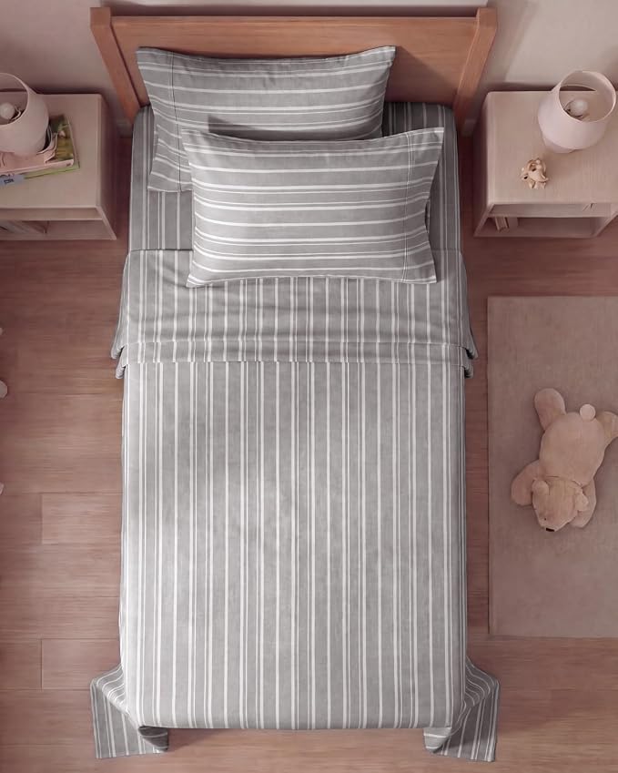 Twin 4 Piece Sheet Set - Comfy Breathable & Cooling - Soft Hotel Luxury Bedding Set with 8-16 Inch Deep Pockets - 1 Flat & 1 Fitted Sheet & 2 Pillowcases - Wrinkle Free & Easy Care - Grey Stripes 3
