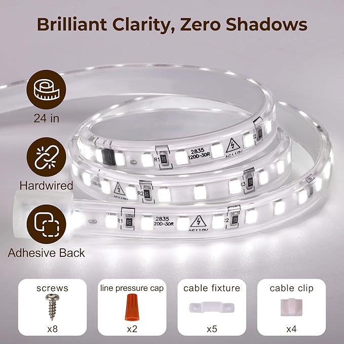 cambk Hardwired Under Cabinet Lighting for Kitchen,24inch120V Wired Undercounter Led Strip Lights 6000K White Waterproof, Luces para Cocina Bajo Gabinete Under Shelf Lights for Sink/Workbench