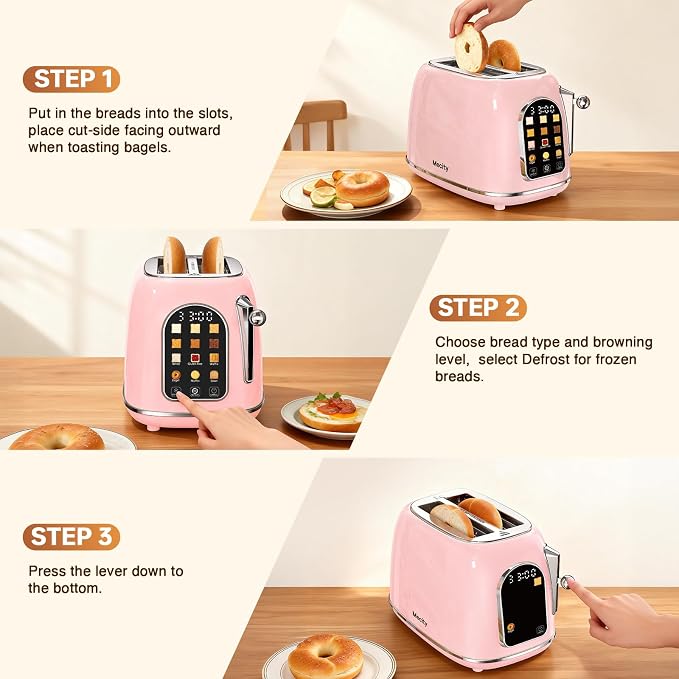 Mecity Toaster 2 Slice, Touch Screen Wide Slot Retro Toaster For Breads Bagel Muffin Waffle, House Warming Gift New Home, 120V 825W, Pink Color