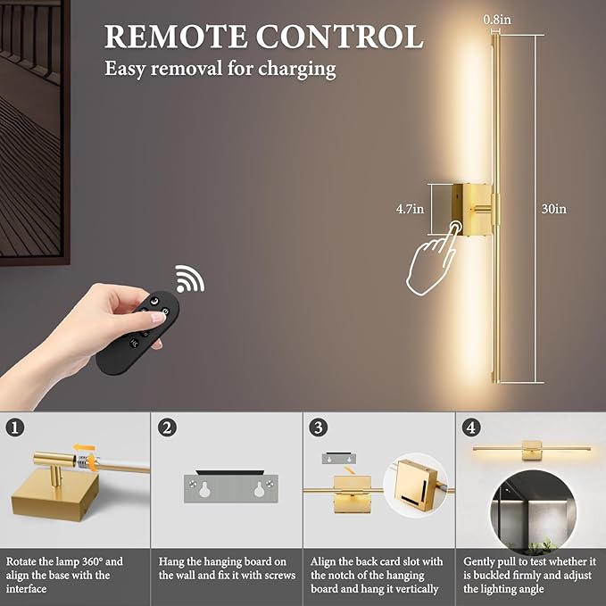SAIMAND Wireless Sconces Set of 2 Battery Operated,8000mAh USB Rechargeable Wall Light with Remote Control,3000K-6000K LED Dimmable Wall Lamp for Living Room, Hallway, Bedroom (Gold)