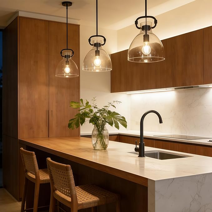 9.8'' Farmhouse Glass Pendant Lights Kitchen Island, 1-Light Modern Black Kitchen Island Lighting, Pendant Light Fixtures for Dining Room Bedroom Over Table, E26