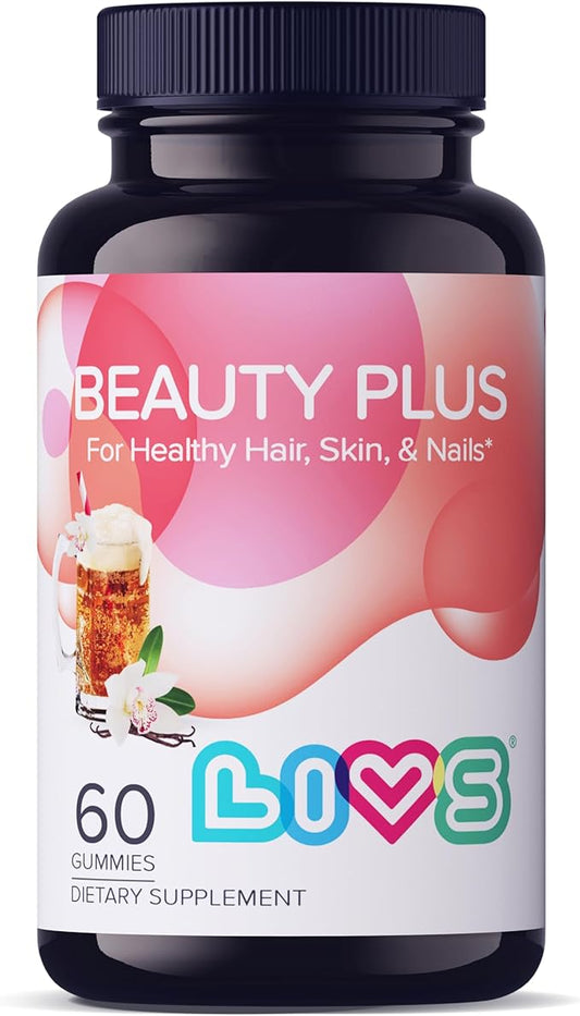 LIVS Beauty Plus Gummy Vitamins - Biotin Gummies for Hair, Skin and Nails | Natural, Gluten-Free, Non-GMO Beauty Supplement with Vitamin A, C, E, B12, D2, Zinc & More - Cream Soda Flavor - 60 Ct