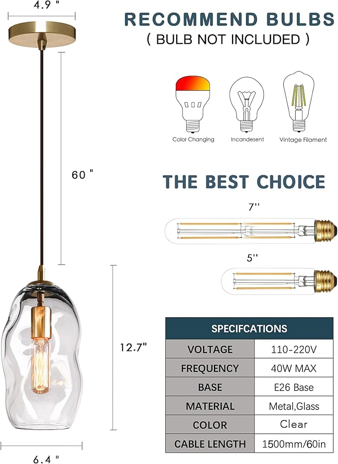 CASAMOTION Modern Pendant Lights Kitchen Island Large Gold Hanging Light Fixtures for Dining Table Blown Art Glass Clear Organic Globe Bedroom Foyer Entryway Hallway Lamp 12 Inch 1 Pack